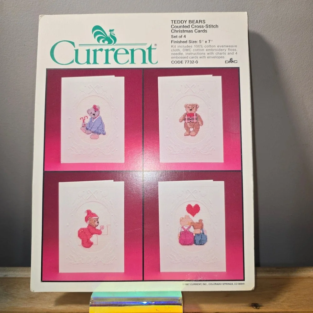 Vintage 1987 Current Teddy Bears Counted Cross Stitch Christmas Cards Kit 7732-0